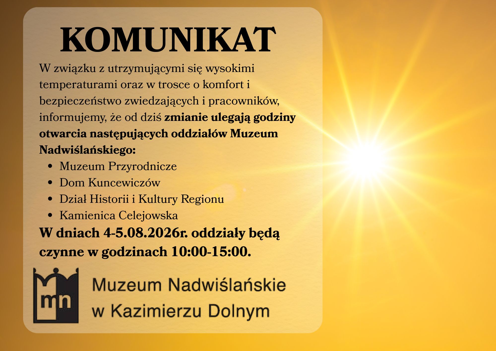 ZMIANA GODZIN OTWARCIA MUZEUM!